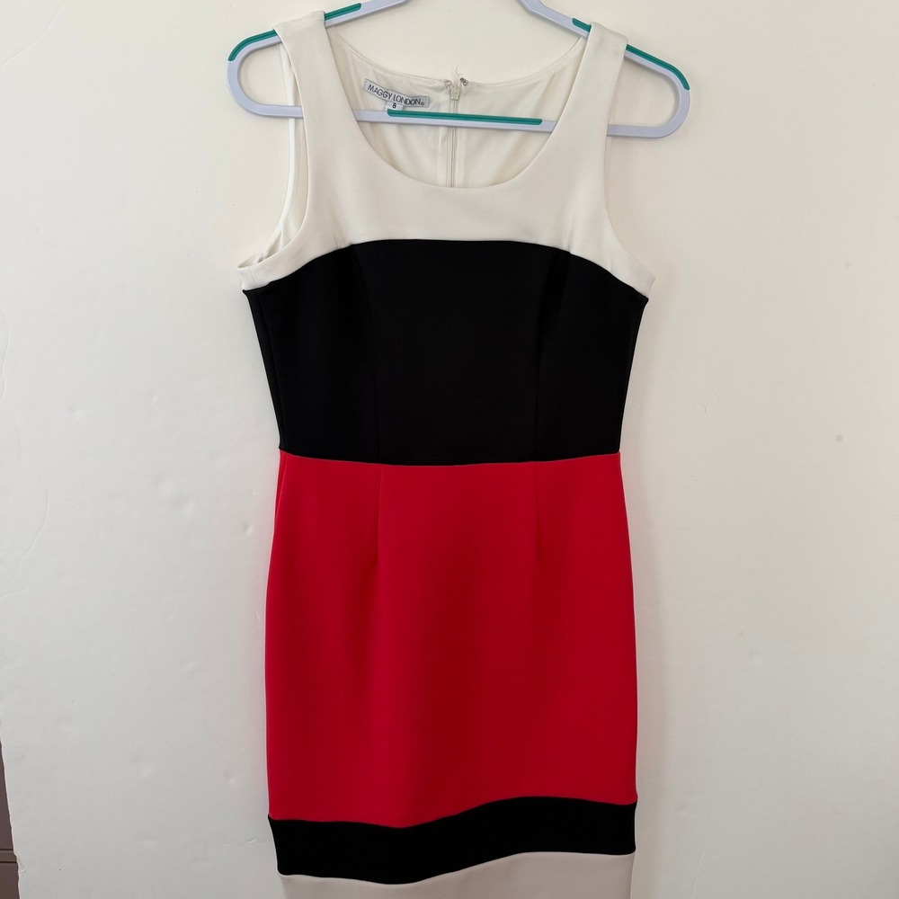 Maggy London Womens Colorblock Sheath Dress Red Black White Sleeveless Size 8